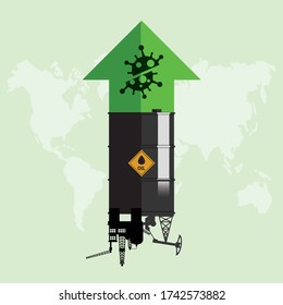 Oil stock price rebound and rise up from Covid-19 coronavirus be defeated. Oil market value move up from permitted unlocking. Design with rig, winch, oil tank and green arrow up. Vector illustration