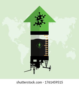 El repunte del precio de las acciones petroleras y el aumento del coronavirus Covid-19 son derrotados. El valor del mercado del petróleo sube de lo permitido. Diseño con Rig, Winch, bomba de aceite y flecha verde hacia arriba. Ilustración del vector