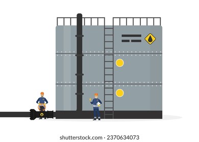 Oil storage tank. Steel container with pipe and ladder. Oilman worker turns pipeline valve, engineer controls the work. Oil industry, workers in special clothing and helmets. Flat vector illustration