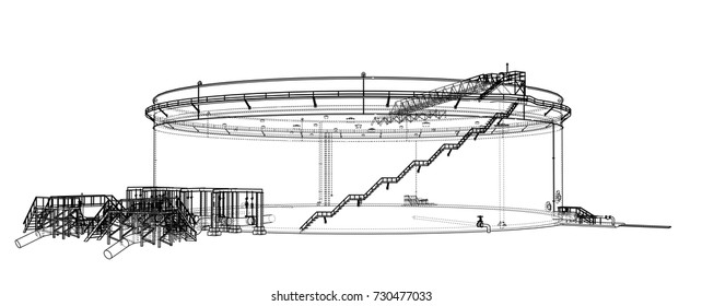 Oil storage tank. Vector rendering of 3d. Wire-frame style. The layers of visible and invisible lines are separated