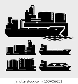 Oil Storage Tanks, Tanker Ship Vector Icons