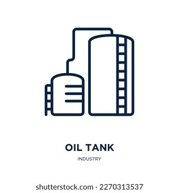 Öltanksymbol aus der Industriesammlung. Dünner linearer Öltank, Kraftstoff, Ölumriss einzeln auf weißem Hintergrund. Leitlinie, Vektoröltankschild, Symbol für Web und Mobile