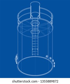 Oil tank outline. Vector rendering of 3d. Wire-frame style. The layers of visible and invisible lines are separated