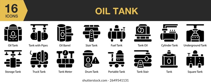 Oil Tank solid icon set. Includes oil, tank, fuel, storage, container, petroleum, and More. Solid icons vector collection.