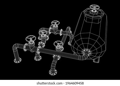 Oil tank storage of flammable materials and pipeline with valve. Finance economy polygonal petrol production. Petroleum fuel industry transportation line. Wireframe low poly mesh vector illustration.