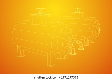 Oil tank storage of flammable materials and pipeline with valve. Finance economy polygonal petrol production. Petroleum fuel industry transportation line. Wireframe low poly mesh vector illustration.