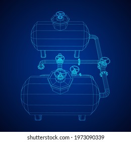 Oil tank storage of flammable materials and pipeline with valve. Finance economy polygonal petrol production. Petroleum fuel industry transportation line. Wireframe low poly mesh vector illustration.