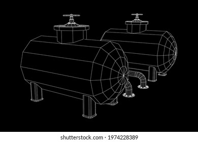 Oil tank storage of flammable materials and pipeline with valve. Finance economy polygonal petrol production. Petroleum fuel industry transportation line. Wireframe low poly mesh vector illustration.