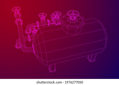 Oil tank storage of flammable materials and pipeline with valve. Finance economy polygonal petrol production. Petroleum fuel industry transportation line. Wireframe low poly mesh vector illustration.