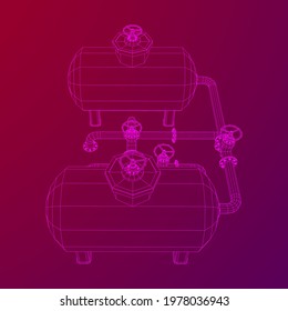 Oil tank storage of flammable materials and pipeline with valve. Finance economy polygonal petrol production. Petroleum fuel industry transportation line. Wireframe low poly mesh vector illustration.