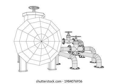 Oil tank storage of flammable materials and pipeline with valve. Finance economy polygonal petrol production. Petroleum fuel industry transportation line. Wireframe low poly mesh vector illustration.