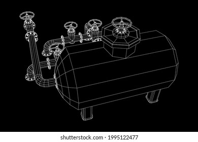 Oil tank storage of flammable materials and pipeline with valve. Finance economy polygonal petrol production. Petroleum fuel industry transportation line. Wireframe low poly mesh vector illustration.