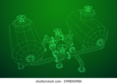 Oil tank storage of flammable materials and pipeline with valve. Finance economy polygonal petrol production. Petroleum fuel industry transportation line. Wireframe low poly mesh vector illustration.