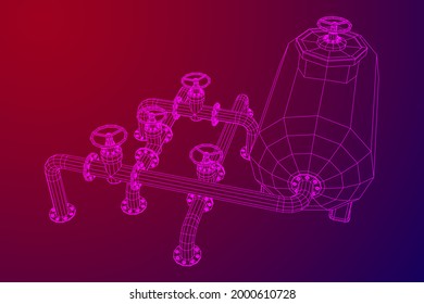 Oil tank storage of flammable materials and pipeline with valve. Finance economy polygonal petrol production. Petroleum fuel industry transportation line. Wireframe low poly mesh vector illustration.