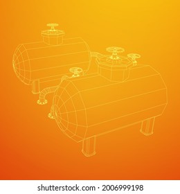 Oil tank storage of flammable materials and pipeline with valve. Finance economy polygonal petrol production. Petroleum fuel industry transportation line. Wireframe low poly mesh vector illustration.