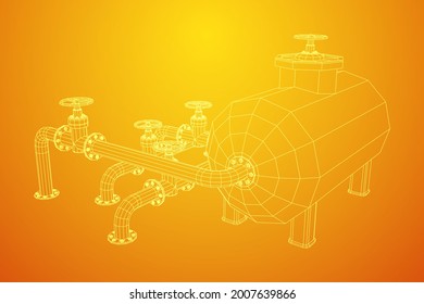 Oil tank storage of flammable materials and pipeline with valve. Finance economy polygonal petrol production. Petroleum fuel industry transportation line. Wireframe low poly mesh vector illustration.