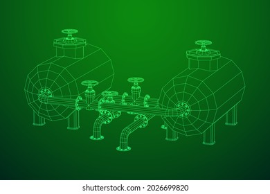 Oil tank storage of flammable materials and pipeline with valve. Finance economy polygonal petrol production. Petroleum fuel industry transportation line. Wireframe low poly mesh vector illustration.