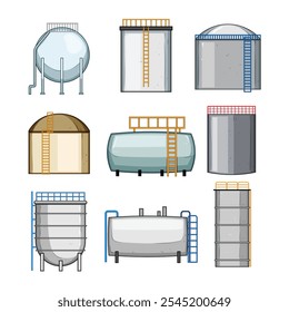 caricatura do conjunto de armazenamento de tanque de óleo. inventário de terminal, infraestrutura de contenção, logística, sinal de armazenamento de tanque de óleo de refinaria.