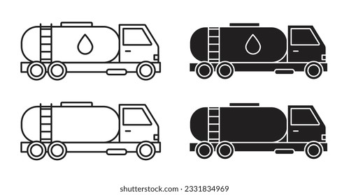 Oil tank truck icon set in outline and filled style. gasoline, petrol, and diesel fuel commercial delivery truck pictogram. large water or milk tanker truck line vector icon set.