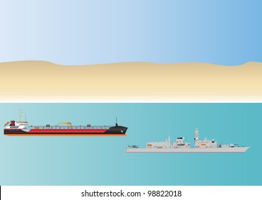An Oil Tanker and escorting Warship in Dangerous Pirate Infested Waters