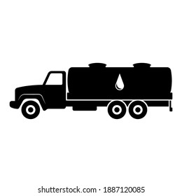 Oil tanker icon. Gasoline tanker. Tank truck. Black silhouette. Side view. Vector flat graphic illustration. The isolated object on a white background. Isolate.