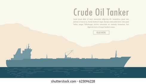 Oil tanker near the shore with mountain range. Vector illustration