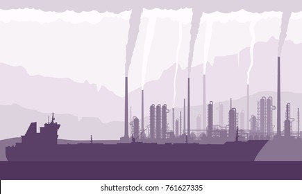 Oil Tanker And Refinery Or Chemical Plant With Smoking Chimneys. Crude Oil Transportation, Processing And Refining. Vector Illustration.