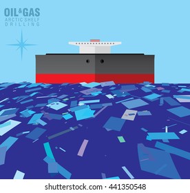 Oil tanker ship Arctic region route. Vector illustration