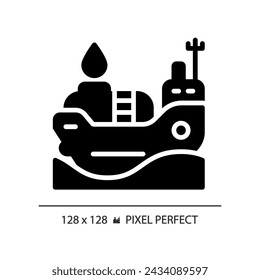 Oil tanker ship black glyph icon. Cargo vessel. Maritime industry. Oil transportation. Petroleum tanker. Bulk carrier. Silhouette symbol on white space. Solid pictogram. Vector isolated illustration