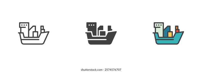 Oil tanker ship different style icon set. Line, glyph and filled outline colorful version, outline and filled vector sign. Symbol, logo illustration. Vector graphics