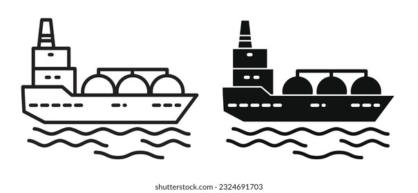 Icono de barco petrolero con estilo relleno y delineado. Juego de iconos de vectores de buques de carga o gas natural. Símbolo de barco portador de tanques de petróleo.