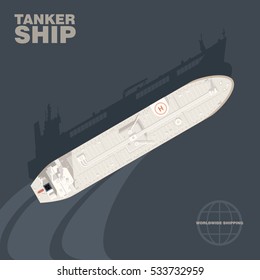 Oil tanker ship in the sea with cast shadow silhouette, aerial view. Detailed vector illustration of a deck of Industrial cargo vessel for transportation of crude oil, realistic style.