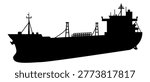 Oil tanker ship vector black silhouette isolated on white background. Cargo vessel with deck pipelines and superstructure, maritime crude transport icon, energy supply sign, fuel logistics concept