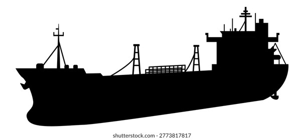 Oil tanker ship vector black silhouette isolated on white background. Cargo vessel with deck pipelines and superstructure, maritime crude transport icon, energy supply sign, fuel logistics concept