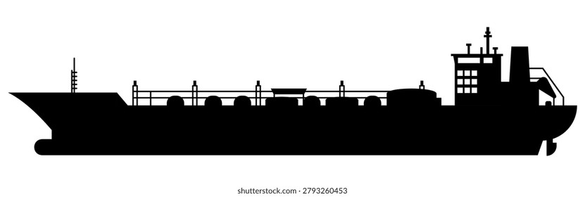Oil tanker ship vector silhouette with cargo tanks and industrial structure in minimalist black design for petroleum, maritime, energy, and logistics graphics.