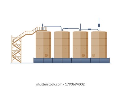 Oil Tanks with Ladder, Benzine, Fuel Cylinders, Storage Reservoirs, Gasoline and Petroleum Production Industry Flat Style Vector Illustration