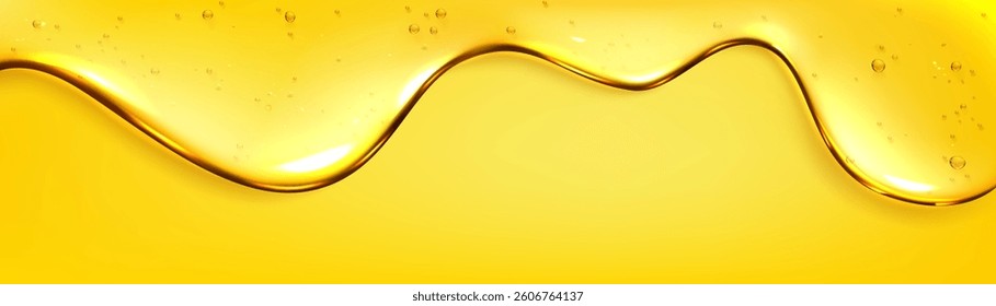Oil texture with bubble shapes on glossy yellow background. Smooth wavy golden liquid surface with glimmering amber droplets. Glistening curved fluid pattern, shiny polished petroleum macro view.