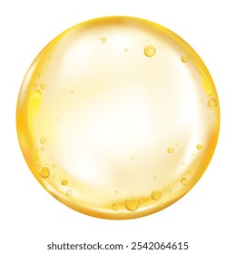 Textura de aceite aislada sobre fondo blanco, gota de gel amarillo dorado con burbuja de aire, imprimación de maquillaje de suero transparente dorado, elemento de gel de colágeno para productos cosméticos, cuidado de la piel, gotita de esencia de loción