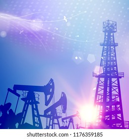 Oil tower with derrick crane on science blue background. Industrial equipment for fuel production. Vector illustration.