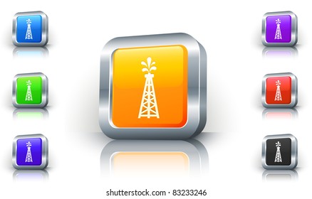 Oil Tower Icon on 3D Button with Metallic Rim Original Illustration