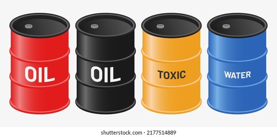 oil, toxic waste and water barrel isometric realistic set vector flat illustration