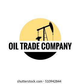 Oil trade company flat logo. Orange sun background and black oil derrick works