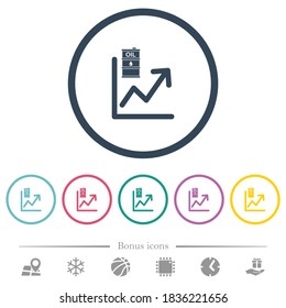 Oil trade graph flat color icons in round outlines. 6 bonus icons included.