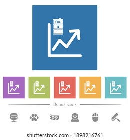 Oil trade graph flat white icons in square backgrounds. 6 bonus icons included.