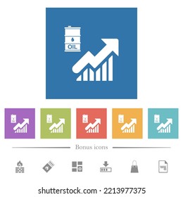 Oil trade graph flat white icons in square backgrounds. 6 bonus icons included.