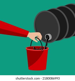 Oil trade market - petroleum canister and hand with bucket. Conceptual illustration