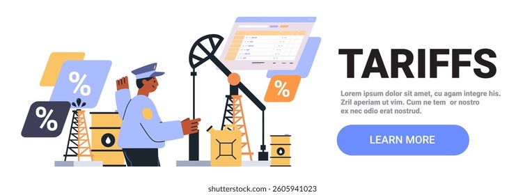 Oil trade tariffs concept with oil worker operating pump jack surrounded by percentage symbols barrels and digital chart in modern flat style