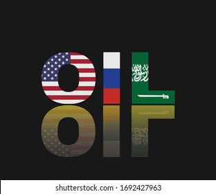 Oil Trading concept with united states of america - Russia - Saudi Arabia flag symbol inside OIL TEXT, black background, Sign symbol background, oil trade war, vector illustration.