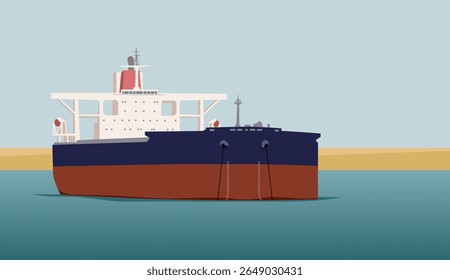 Oil traffic. A anchored supertanker awaits its turn to load. Vector image for prints, poster and illustrations.