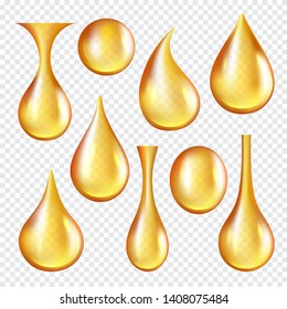 Oil transparent drops. Yellow liquid golden oil vector realistic collection of splashes. Transparent oil liquid, golden drop realistic isolated illustration